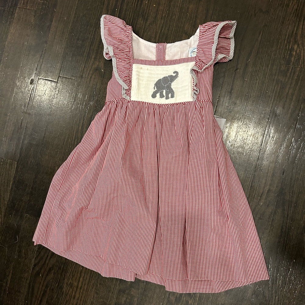 Red and Gray Check Smocked Elephant Dress, 6